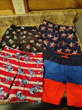 Kids Swim Shorts Pack - Red, Navy, Black & Blue Patriotic and Skull Prints